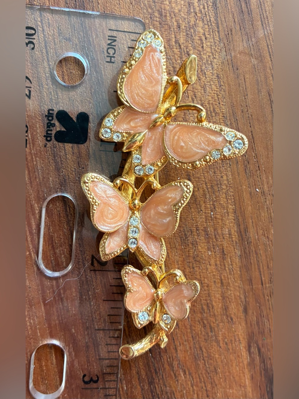 Vintage Gold Tone and Peach Enamel Butterfly Brooch Pin with Rhinestone Accents